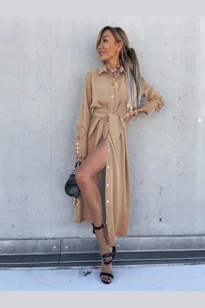 DressBerry Kakhi Long Sleeves Shirt Collar Dress