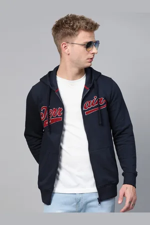 Indian Terrain Men Navy Blue & Red Solid Hooded Sweatshirt