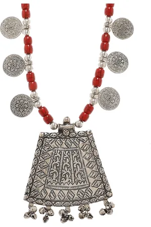 Bamboo Tree Jewels Oxidized Red & Silver-Toned Handcrafted Necklace