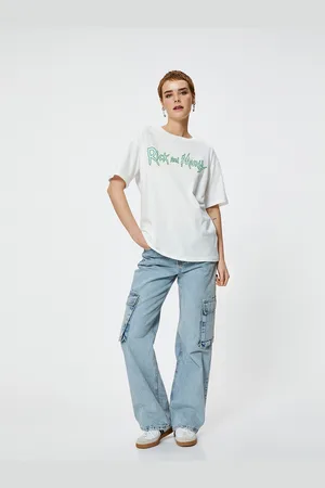 Koton Women Typography Printed Extended Sleeves Applique T-shirt