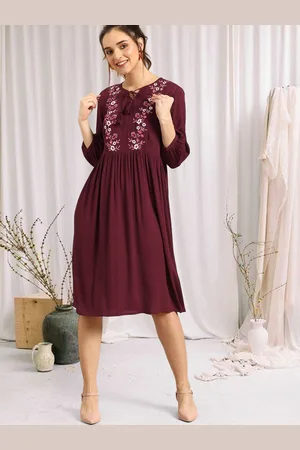 DressBerry Women Burgundy Embroidered A-Line Dress