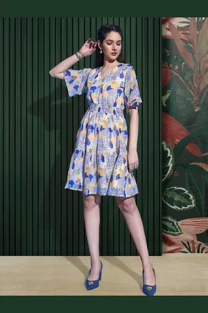 DressBerry Women Printed Flared Sleeve Smocked Georgette Fit & Flare Dress