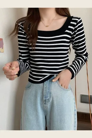 HERE&NOW Round Neck Striped Cotton Top