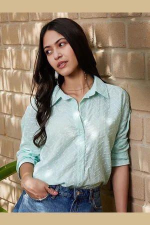 Campus Women Comfort Relaxed Fit Spread Collar Textured Cotton Casual Shirt