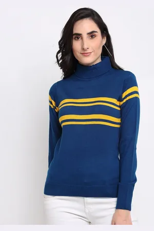 Club York Women Blue & Yellow Striped Acrylic Pullover