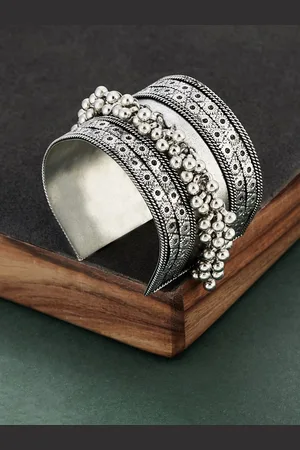 ATIBELLE Silver-Plated & Ghunghroo Stone Studded & Beaded Adjustable Bangle