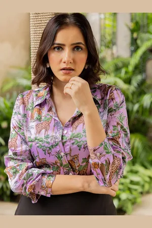 Kalini Women Spread Collar Animal Printed Satin Casual Shirt