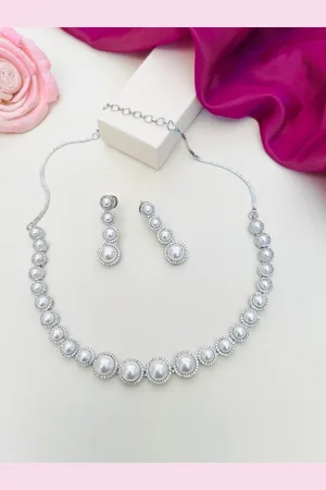 ABDESIGNS Enchanting Silver Plated American Diamond Stone Studded Jewellery Set