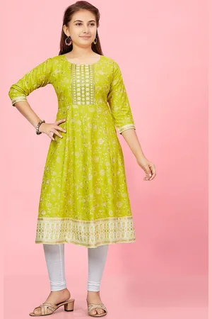Sangria Girls Lime Green Floral Printed Thread Work Round Neck Pure Cotton Anarkali Kurta
