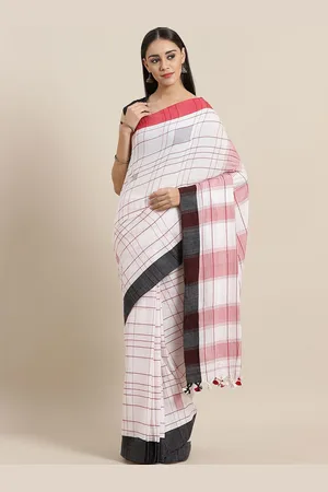 Laa Calcutta Red & Black Checked Pure Cotton Taant Saree