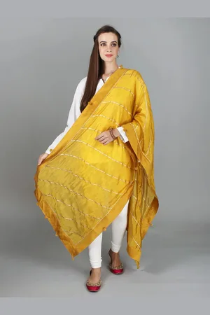 Exotic India Nugget Gold Gota Silk Dupatta with Patch Border and Pom-Poms