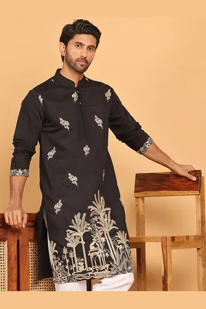 Jompers Floral Embroidered Mandarin Collar Silk Cotton Thread Work Straight Kurta