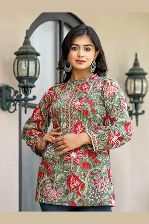 Jaipur Floral Printed Mandarin Collar Cotton Tunic