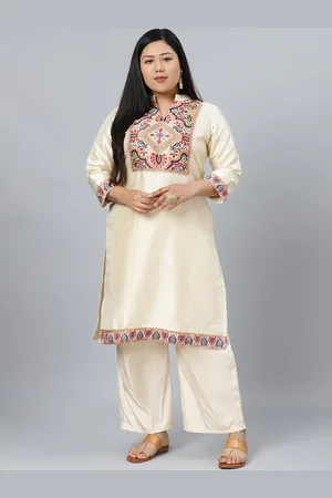 Sztori Plus Size Ethnic Motifs Printed Mandarin Collar Straight Kurta with Palazzos