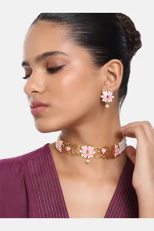 ESTELE Women Gold-Plated Pearl Studded Floral Necklace with Earrings