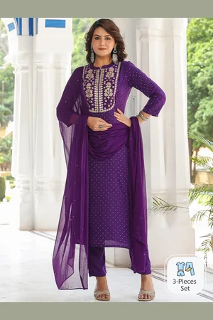 DIVASTRI Floral Embroidered Mandarin Collar Straight Kurta With Trousers & Dupatta