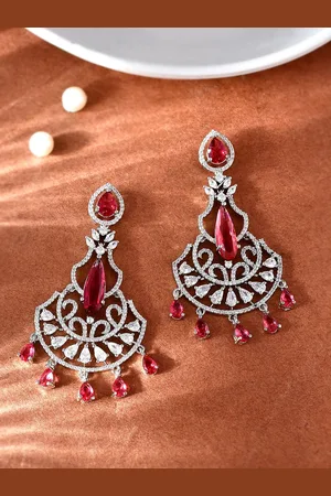 AQUASTREET Silver-Plated AD Studded Crystal Contemporary Chandbali Earrings