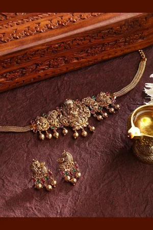 Priyaasi Gold-Plated Stone-Studded Lakshmi Attigai Choker Necklace With Drop Earrings