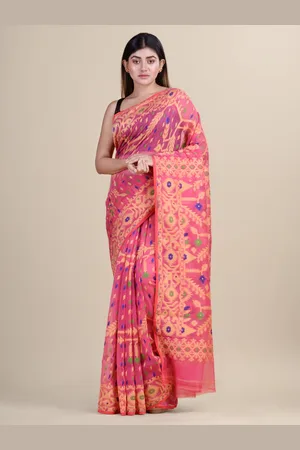 Laa Calcutta Pink & Blue Ethnic Motifs Silk Cotton Jamdani Saree