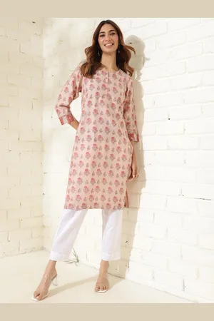 Fabindia Floral Printed Round neck Cotton Silk Straight Kurta