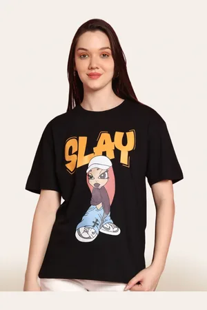Fabflee Women Pack Of 2 Graphic Printed Round Neck Cotton Oversized T-shirt
