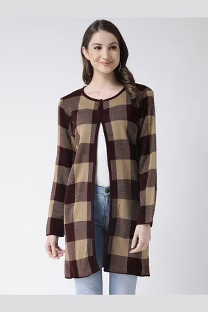 Club York Women Beige Checked Colourblocked Open Front Acrylic Sweaters