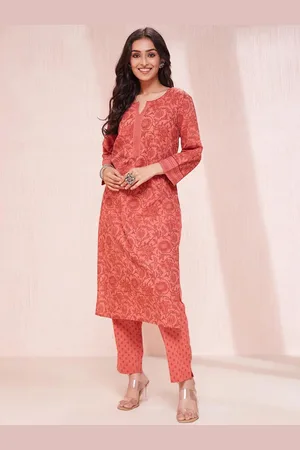 Fabindia Floral Printed Pure Cotton Straight Kurta with Trousers