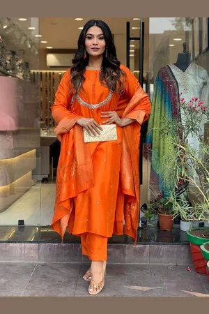 Kalini Women Ethnic Motifs Embroidered Regular Chanderi Silk Kurta with Trousers & With Dupatta