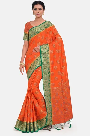 Mimosa Orange & Green Woven Design Art Silk Kanjeevaram Saree