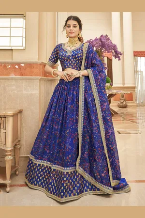FABPIXEL Women Blue & Gold Embroidered Semi-Stitched Lehenga Unstitched Blouse Set