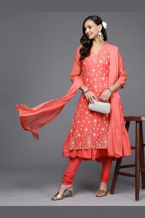 Biba Women Coral Pink Ethnic Motifs Layered Kurta with Churidar, Dupatta & Camisole