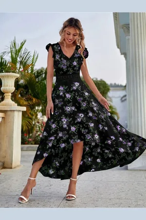 DressBerry Black Floral Printed V-Neck Flutter Sleeves High-Low Fit and Flare Midi Dress