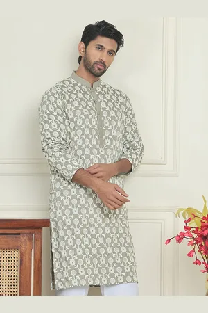 Jompers Mandarin Collar Floral Embroidered Chikankari Cotton Straight Kurta