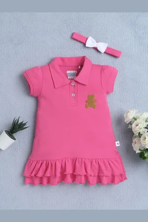 BUMZEE Girls Shirt Collar Cotton A-Line Dress With Headband
