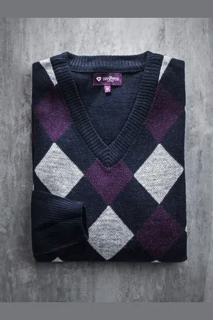 Invictus Men Navy & Grey Melange Argyle Sweater