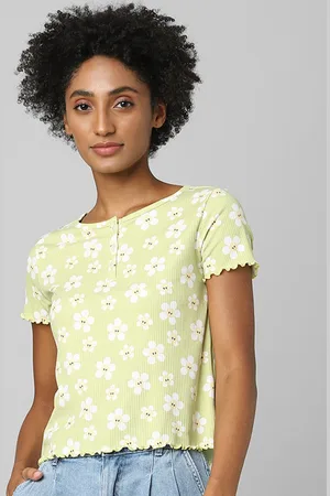 ONLY Women Green and White Floral Printed Crop T-shirt