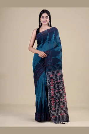 Laa Calcutta Green & Blue Floral Jute Silk Jamdani Saree