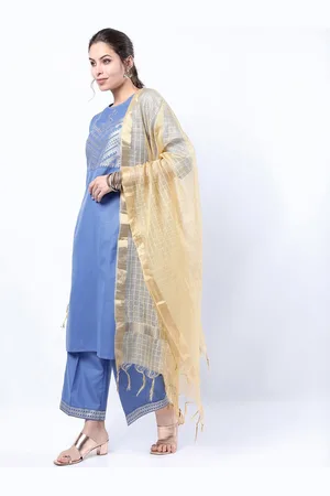 Ketch Women Blue Yoke Design Printed Straight Kurta With Palazzos & With Dupatta