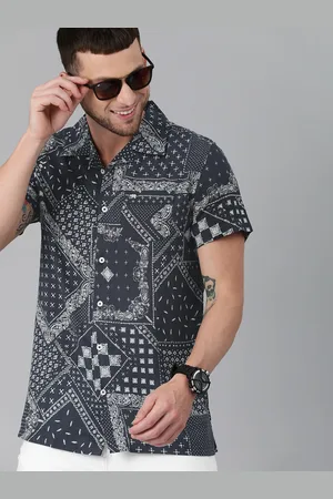The Bear House Men Navy Blue & Off-White Slim Fit Scarf Print Pure Cotton Casual Shirt