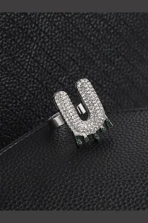 French Accent Men Silver-Plated Stone Studded U Alphabet Ring