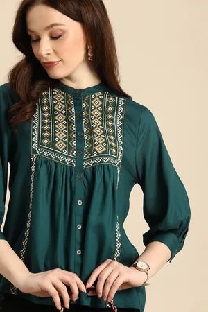 all about you Teal & Multicoloured Embroidered Mandarin Collar Empire Top