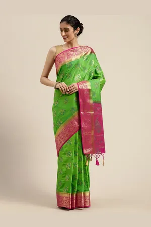 Mimosa Green & Gold-Toned Art Silk Woven Design Kanjeevaram Saree