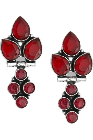 EL REGALO Silver-Plated & Red Geometric Drop Earrings