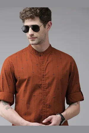 Roadster Men Rust Orange Striped Pure Cotton Casual Shirt