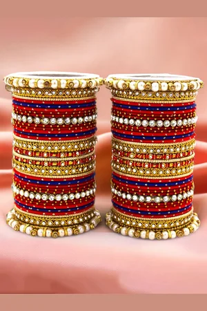 Leshya Set Of 70 Brass-Plated Stone-Studded & Beaded Bangles