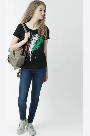 Huetrap Women Black Printed Round Neck T-shirt