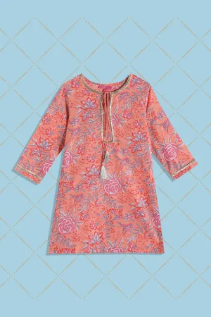 Biba Girls Peach-Coloured & Pink Floral Print Tie-Up Neck Pure Cotton Kurta