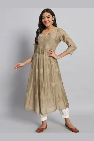 akheri Women Embroidered Flared Sleeves Chikankari Chanderi Silk Anarkali Kurta