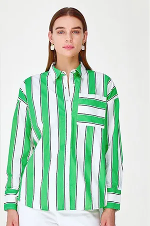 COVER STORY Women Spread Collar Vertical Striped Cotton Casual Shirt