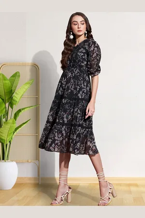 DressBerry Black Floral Print Georgette Fit & Flare Midi Dress